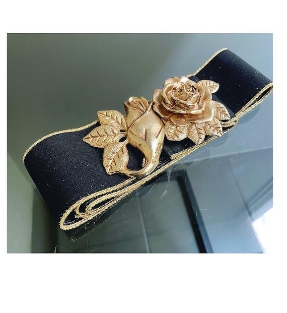 Black Elastic Belt with Gold Floral Buckle Women Black Elastic Fashion Belt - Hip High Waist Band Gold  main image 4