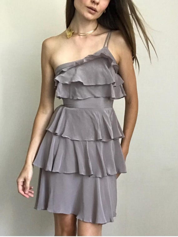Summer short gray dress made of 100% silk, elegant one-shoulder dress with ruffles