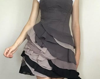 Elegant short dress in gray tones made of silk evening prom strapless dress