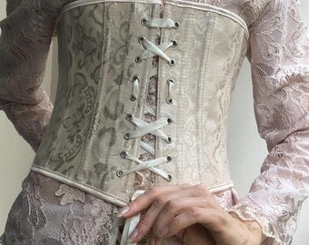 Light pink beige waist corset with metal hooks adjustable lace up back romantic style
