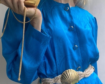 Robe midi en soie des années 80 : style rétro vintage bleu outremer