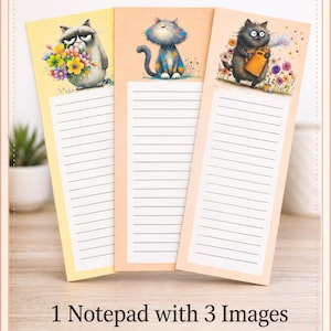 May include: A notepad with 30 pages featuring three distinct cat illustrations. The left sheet is yellow with a grumpy cat holding flowers, the centre is peach with a blue cat, and the right is light orange with a black cat watering flowers.