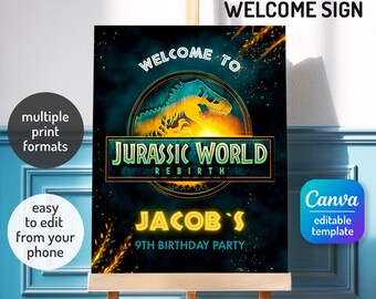 Plantilla de letrero de bienvenida de dinosaurios de la película Jurassic Rebirth, plantilla de decoración de cumpleaños de dinosaurios, póster de bienvenida para fiesta de T-Rex
