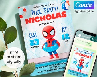May include: A pool party invitation featuring a Spider-Man graphic. The invitation is for Nicholas's 5th birthday, with details including the date, time, and location. The design includes a beach ball and a life preserver. The invitation is shown on a smartphone.