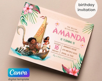 Invitation imprimable Moana, invitation modifiable, invitation d'anniversaire hawaï, fête luau, invitation modifiable de fête d'anniversaire te fiti