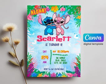 Modèle imprimable d'invitation d'anniversaire de point, invitation d'anniversaire de filles de point modifiable, invitation d'anniversaire d'ange de Lilo Stitch
