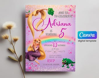 Invitation d'anniversaire de la princesse Raiponce, modèle d'invitation modifiable pour fille, invitation imprimable du château, il était une fois la fête royale, Raiponce