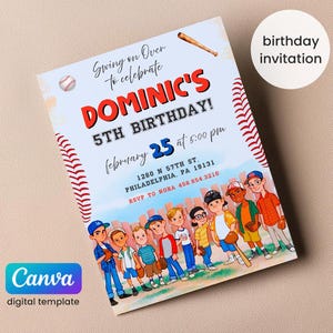 May include: Baseball-themed birthday invitation featuring the text "DOMINIC'S 5TH BIRTHDAY!" in red, with a baseball bat and ball graphic. Includes a cartoon illustration of children in baseball uniforms. The invitation is a digital template.
