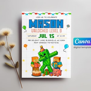 Printable editable invite, Video Game Party, Gamer Birthday invitation, instant download, Mine Theme girl boy birthday, digital template