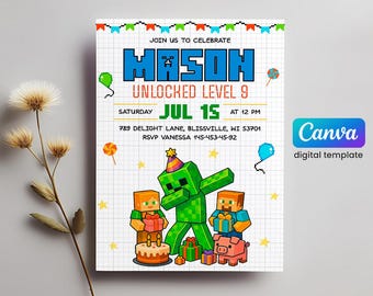 Invitation modifiable imprimable, fête de jeu vidéo, invitation d'anniversaire de joueur, téléchargement immédiat, anniversaire fille garçon thème Mine, modèle numérique