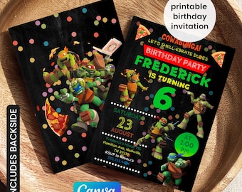 May include: Two black birthday party invitations featuring the Teenage Mutant Ninja Turtles. One invitation has the text "Frederick is turning 6" and the other says "Includes Backside". The invitations are decorated with pizza slices and colorful confetti.