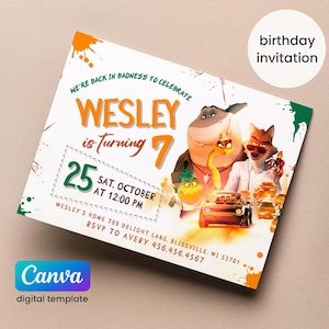 Könnte beinhalten: Eine farbenfrohe Geburtstagseinladung für einen 7-jährigen Jungen namens Wesley. Die Einladung zeigt Comicfiguren aus dem Film "The Bad Guys" und den Text "We're back in badness to celebrate Wesley is turning 7". Die Einladung enthält das Datum und die Uhrzeit der Party, die Adresse und die RSVP-Informationen.