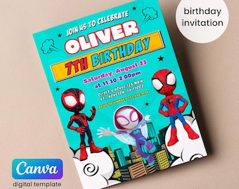 Invitation d'anniversaire de garçon imprimable, invitation d'anniversaire de super-héros, invitation d'amis de Spidey, invitation de fête d'anniversaire de spiderman, super héros