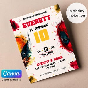 Editable Deadpool and Wolverine Birthday Invitation, Wolverine Deadpool Superheroes Party, printable Invitation