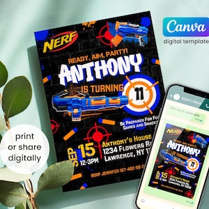 May include: A birthday party invitation with a Nerf theme. The invitation features a blue and orange Nerf gun graphic, the name "Anthony", and the number "11". The invitation also includes the party date, time, and location.