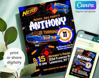 Fête des armes à feu de fléchettes, invitation d'anniversaire de guerres de fléchettes, modèle d'invitation modifiable de nerf, invitation d'anniversaire de garçon, invitation d'anniversaire modifiable imprimable