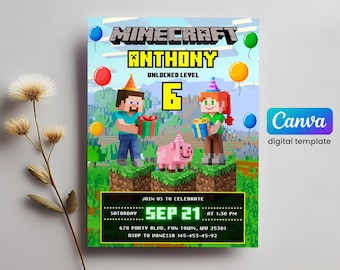 Invitation modifiable imprimable, fête de jeu vidéo, invitation d'anniversaire de joueur, téléchargement immédiat, anniversaire fille garçon thème Mine, modèle numérique