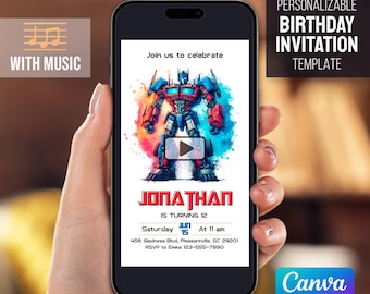 Transformers-verjaardagsvideo-uitnodiging, Optimus Prime geanimeerde digitale uitnodiging voor kinderen 3e 4e Autobots-feestje