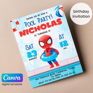 Spidey Pool Party Invitation, Editable Superhero Birthday Invite, Swim Theme Digital Download, Spiderman Water Bash Printable Template