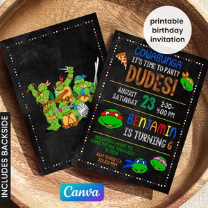 May include: Two black birthday invitations featuring the Teenage Mutant Ninja Turtles. One shows the turtles with weapons, the other says "Cowabunga, it's time to party dudes!" and includes party details. The invitations are designed with a chalkboard style.