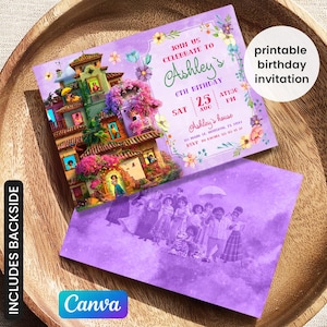 May include: A printable birthday invitation with a purple and floral design. The front features a colorful illustration of a house and the text "Join us to celebrate Ashley's 6th birthday". The back has a purple illustration of a group of people.