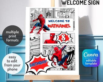 Spiderman Welcome Sign, Spidey Party Decor, Superhero Birthday Poster, Printable Spider-Man Entrance, Personalized Party Sign, Boy bday