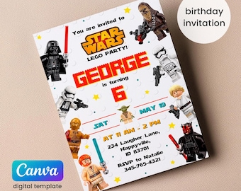Puede incluir: Una invitación de cumpleaños blanca con personajes de Lego Star Wars. La invitación incluye el texto "GEORGE cumple 6 años" y los detalles del evento. La plantilla digital de Canva presenta a Darth Vader, Chewbacca y otros personajes.
