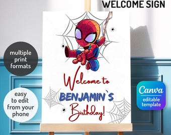 Spidey friends welcome in, Spidey welcome sign, printable editable Spider-Verse Party decoration template, Gwen Ghost welcome template