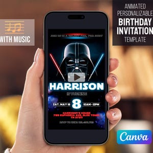 May include: A smartphone displays an animated birthday invitation template. The design features Darth Vader, lightsabers, and the text "Harrison is turning 8." Additional text includes event details and the Canva logo.
