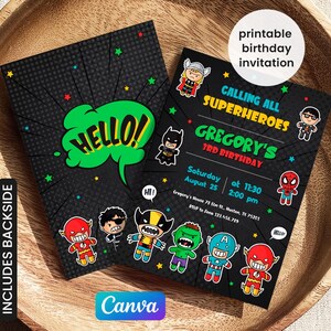 Printable boy birthday invite, Super Hero editable party invitation, Spiderman, Hulk, Captain America invite template, Avengers invitation