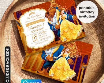 Invitation d'anniversaire de la princesse Belle, modèle d'invitation modifiable pour fille, invitation imprimable du château, fête de la Belle et la Bête, invitation Belle Rose