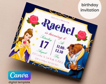 Belle and Beast Birthday invitation, Girl editable invite template, castle printable invitation, beauty and beast party, belle rose invite