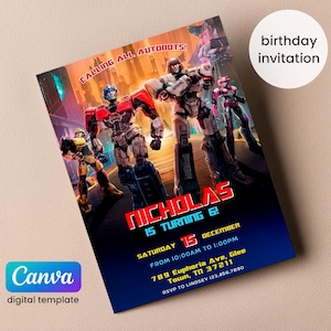 Transformers One Party Evite, printable Rescue Bots Birthday invitation, Optimus Prime invite, Autobots Party invitation, Bumblebee invite
