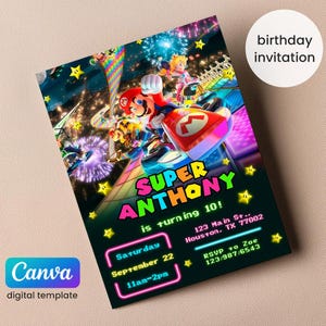 Geburtstag einladen Junge Mädchen, Super Mario Bros Film Einladung, Instant Download, Videospiel Geburtstag einladen Vorlage, Mario Kart