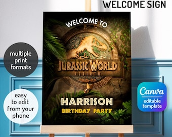 Plantilla de letrero de bienvenida de dinosaurios de la película Jurassic Rebirth, plantilla de decoración de cumpleaños de dinosaurios, póster de bienvenida para fiesta de T-Rex
