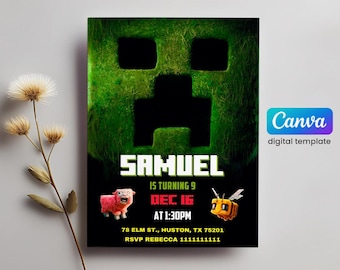 Invitation modifiable imprimable, fête de jeu vidéo, invitation d'anniversaire de joueur, billet de cinéma artisanal, anniversaire fille garçon thème Mine, modèle numérique