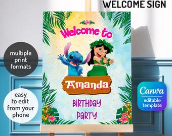 Stitch birthday welcome sign, Luau Hawaii welcome in, printable lilo stitch angel poster, editable birthday invite template