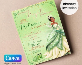 Invitation d'anniversaire de la princesse Tiana, modèle d'invitation modifiable pour fille, invitation imprimable princesse grenouille, fête royale, téléchargement immédiat