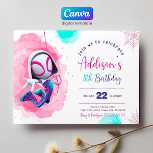 Gwen Birthday invitation, Spider-Verse girl birthday invite, editable Ghost Spidey invitation, Spidey Gwen Party, girl Spiderman Birthday