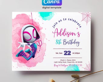 Invitación de cumpleaños de Gwen, invitación de cumpleaños de niña Spider-Verse, invitación editable de Ghost Spidey, fiesta de Spidey Gwen, cumpleaños de niña Spiderman