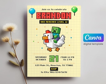 Invitation modifiable imprimable, fête de jeu vidéo, invitation d'anniversaire de joueur, téléchargement immédiat, anniversaire fille garçon thème Mine, modèle numérique