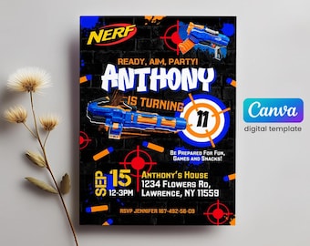 Fête des armes à feu de fléchettes, invitation d'anniversaire de guerres de fléchettes, modèle d'invitation modifiable de nerf, invitation d'anniversaire de garçon, invitation d'anniversaire modifiable imprimable