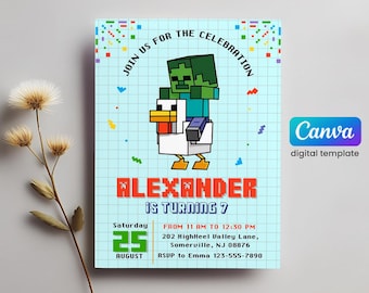 Invitation modifiable imprimable, fête de jeu vidéo, invitation d'anniversaire de joueur, téléchargement immédiat, anniversaire fille garçon thème Mine, modèle numérique