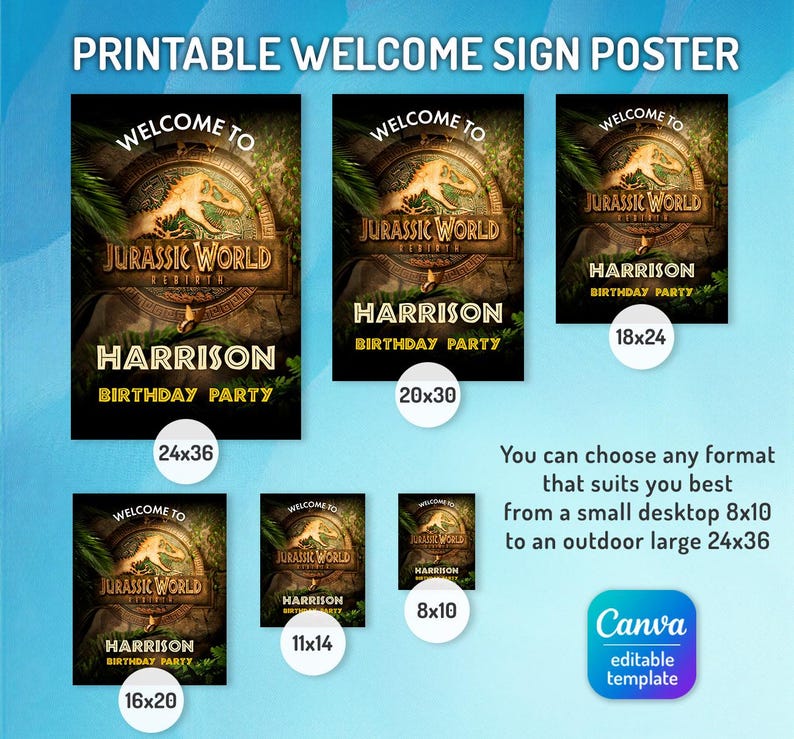 Welcome Harrison Jurassic Rebirth Movie Dinosaur Welcome Sign Template, Dino Birthday B ...