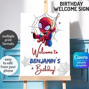 Peut inclure: Une pancarte de bienvenue d'anniversaire rectangulaire illustrant un super-héros en costume rouge et bleu suspendu à une toile d'araignée. Le texte indique Welcome to BENJAMIN'S Birthday! en lettres rouges et bleues sur fond blanc.
