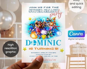 Invitation imprimable de Smash Bros, invitation d'anniversaire de combat, invitation modifiable, anniversaire de fille, fête des frères Smash, invitation de jeu vidéo