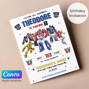 May include: White birthday invitation featuring Autobots characters. The invitation reads "Calling All Autobots, Theodore is turning 8." Includes event details: date, time, and location. The Canva digital template has a birthday invitation design.