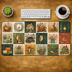 May include: A rectangular desk mat featuring a grid of fifteen square illustrations depicting autumn-themed scenes, including a cottage, a fox, an owl, a hedgehog, a rabbit, various baskets of produce, mushrooms, flowers, and a lantern.