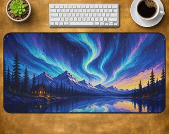 Tappetino da scrivania Aurora Boreale, Tappetino per mouse da gioco Luci del Nord, Tappetino da scrivania Montagna Lago, Paesaggio Cabina, Decorazione per ufficio Natura Celeste Regalo XL