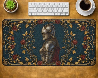 Medieval Knight Desk Mat Vintage Tapestry Desk Decor Cottagecore Floral Pattern Mouse Pad Botanical Gaming Mat Office Decor Bookish Gift